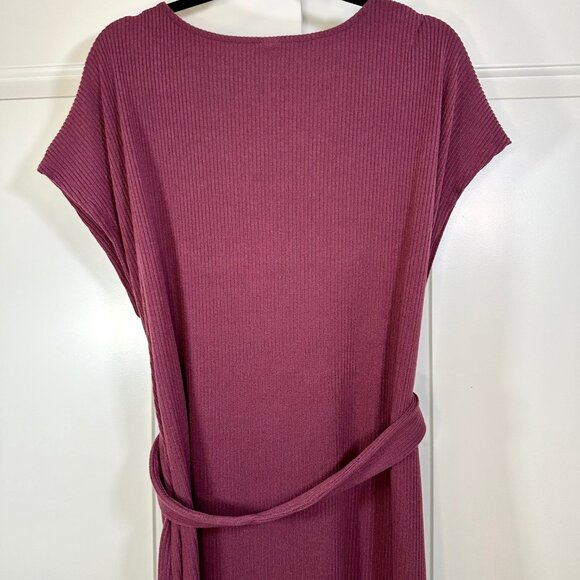Burgundy Ribbed Knit V-Neck Short Sleeves Tie Waist Midi Dress XL - Picture 4 of 11